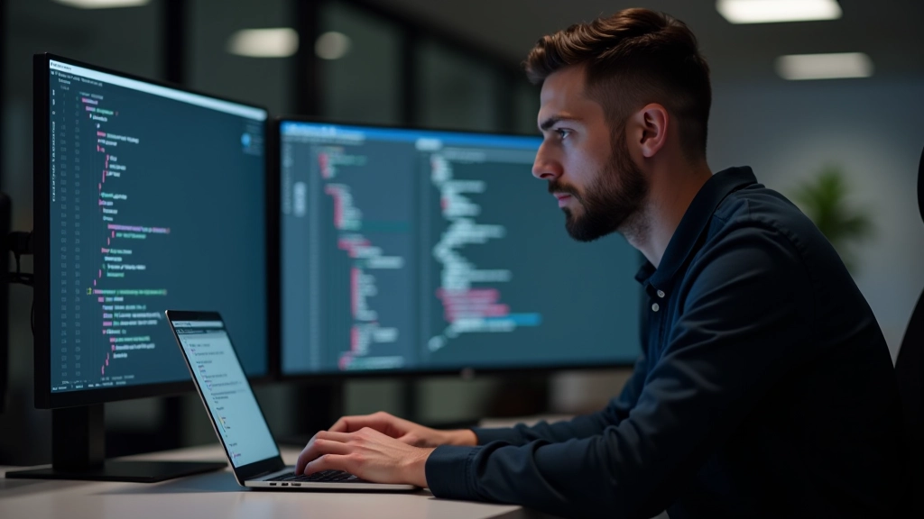 Developer workspace with multiple monitors showing Tailwind CSS configuration file and live preview of responsive design