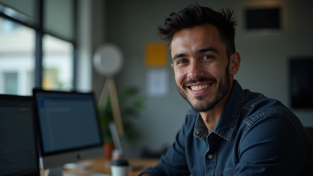 Satisfied developer looking at responsive Bootstrap website design on multiple screens