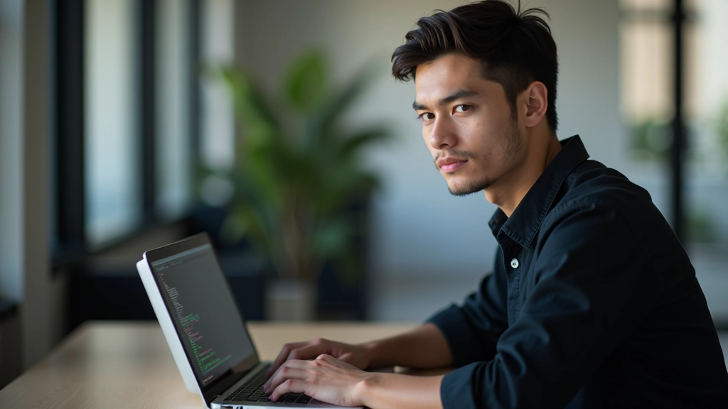 Web developer working on laptop with code editor displaying CSS framework syntax